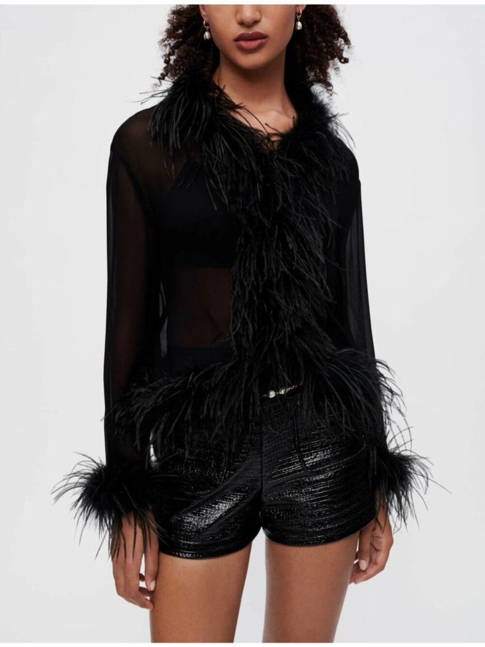 Maje Womens Feather Trim Transparent Voile Shirt Size Small Black Relaxed Party - Picture 3 of 12